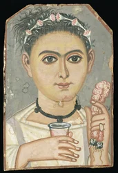 Portret van een jong persoon: jongen met een bloemenkrans in zijn haar, mogelijk uit Er-Rubiyat, Faiyum, Egypte, c.200-230